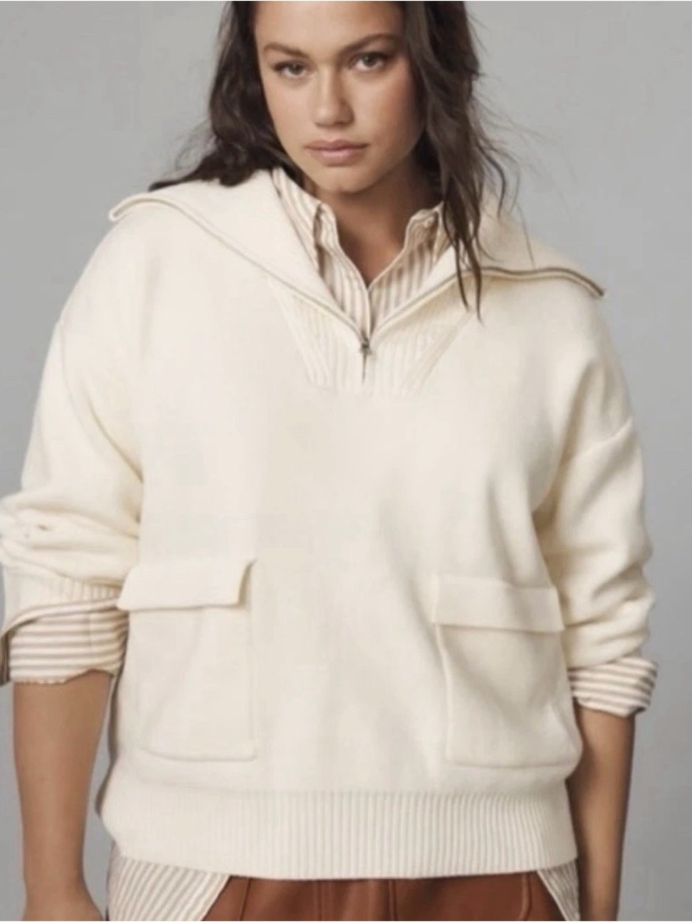 Anthropologie Cream Hooded Half-Zip Pocket Sweater